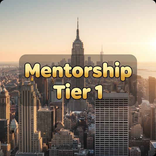 A square icon (1:1) for a mentorship program with a clean, professional, and simple design. Background features an HD, realistic New York City skyline, fully visible and sharp, with soft natural sun glare/light flare for a modern feel. No gradient colors. Centered gold professional bubble-style text with smooth rounded edges and subtle gloss that reads “Mentorship Tier 1”. The text sits on a semi-transparent, elegant overlay panel (glass-like or soft dark tint) to ensure high readability while still clearly